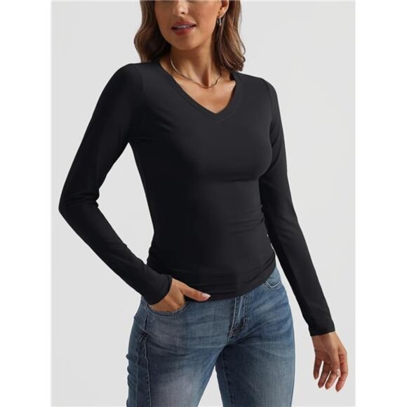 V-Neck Long Sleeve Crop Top – Stretchy Slim Fit Y2K Basic Tee - Picture 2 of 6
